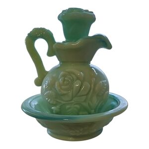Vintage Elegant  Avon Green Jadeite Oil Pitcher and Bowl Decanter Set